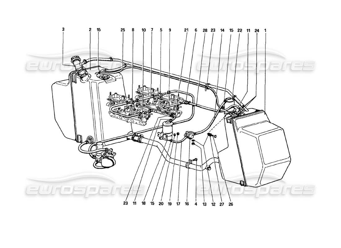 ferrari 308 gtb (1980) kraftstoffsystem (varianten für aus-version) teilediagramm