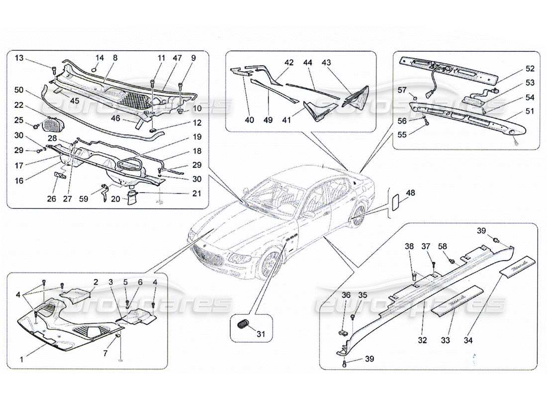 maserati qtp. (2010) 4.2 schilde, verkleidungen und abdeckplatten ersatzteildiagramm