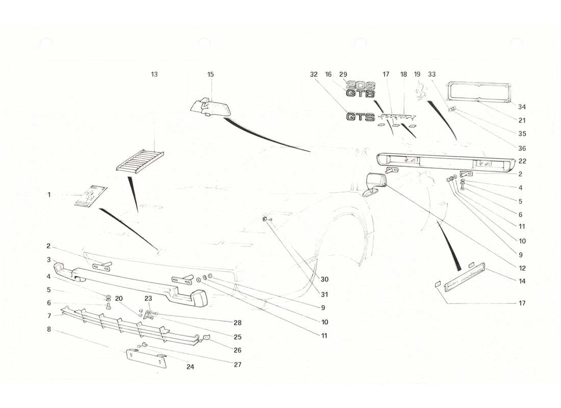 ferrari 208 gtb gts stoßstangen und zierleisten teilediagramm