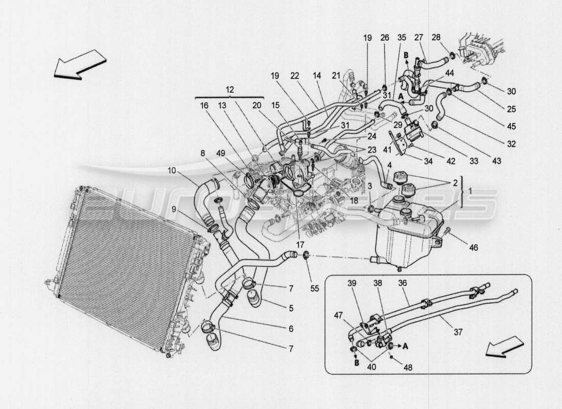 maserati qtp. v8 3.8 530bhp auto 2015 kühlsystem: nähre und leitungen ersatzteildiagramm