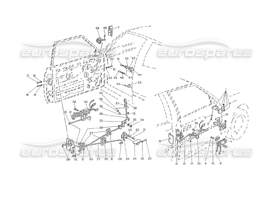 maserati shamal türen – scharniere und interne steuerungen teilediagramm