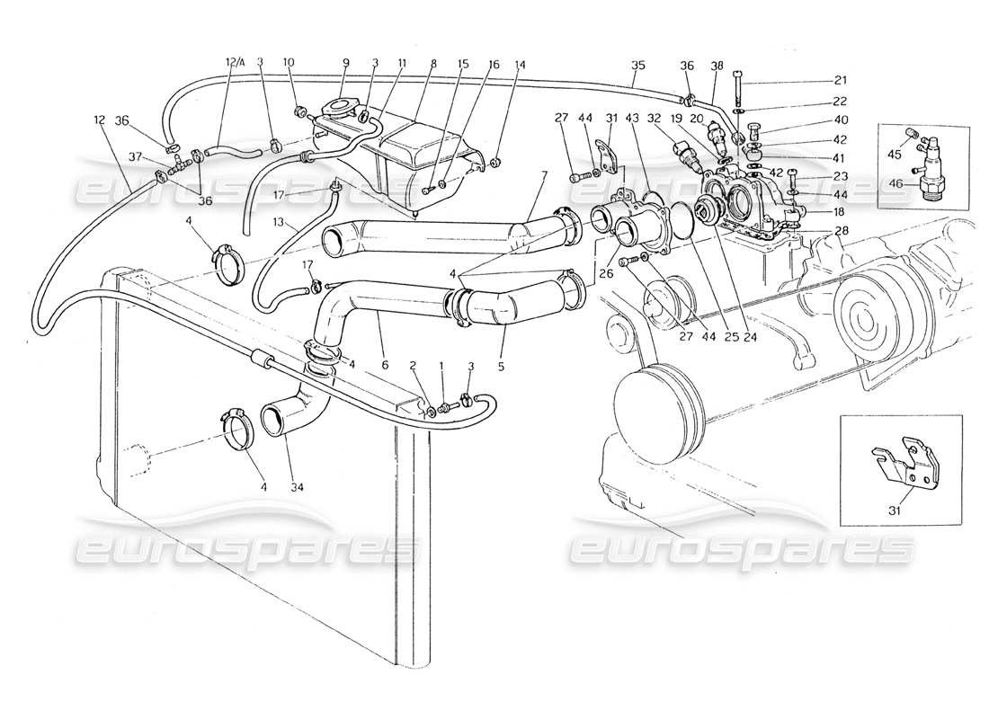 maserati 228 teilediagramm für motorkühlrohre und thermostat