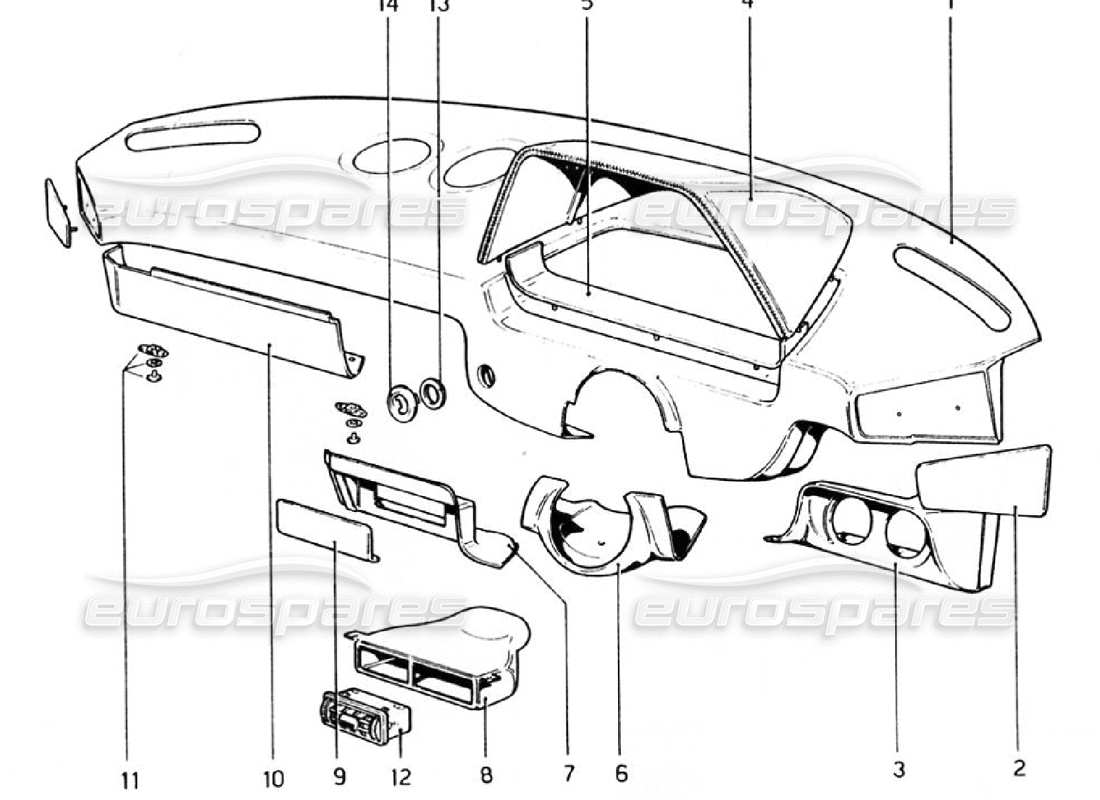 ferrari 308 gtb (1976) instrumententafel (gültig für rhd - aus-versionen) teilediagramm