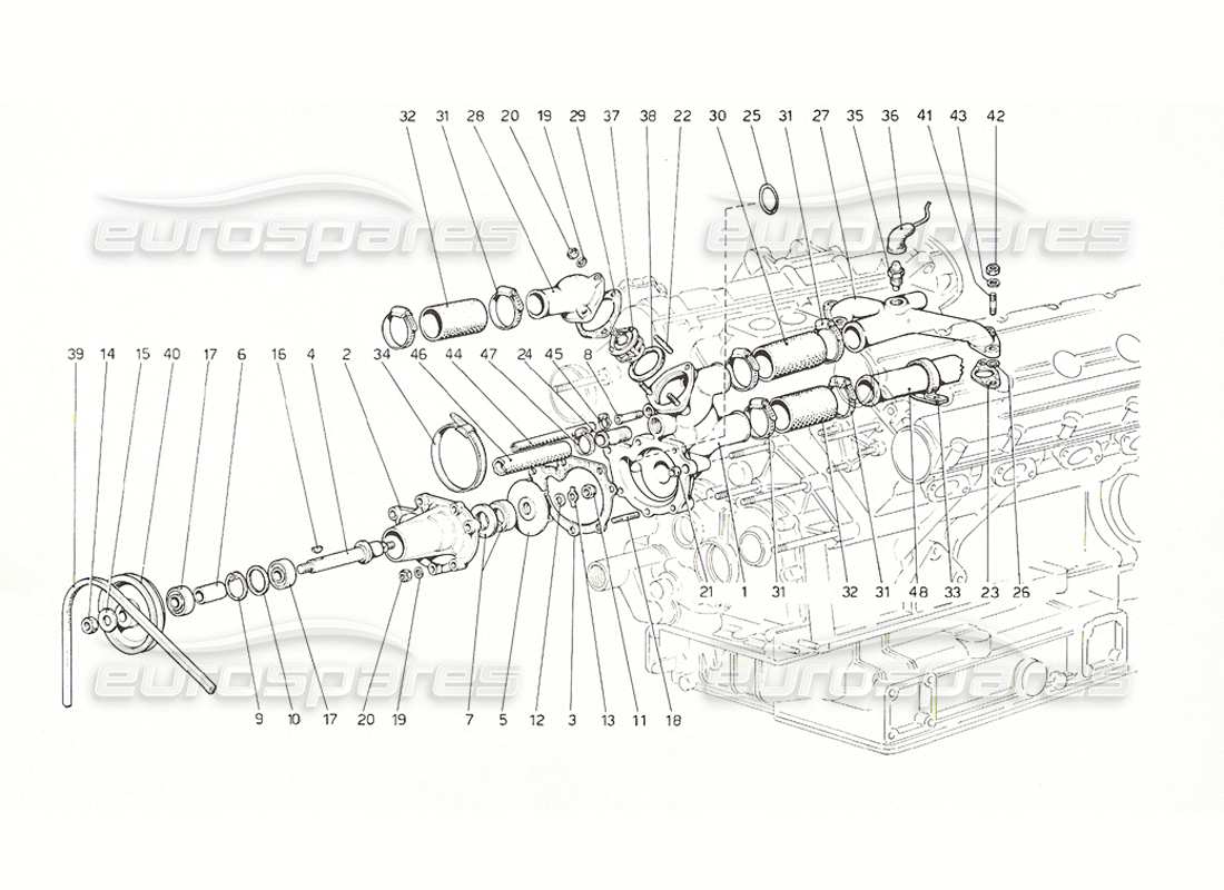 ferrari 308 gt4 dino (1976) teilediagramm für wasserpumpe und rohre