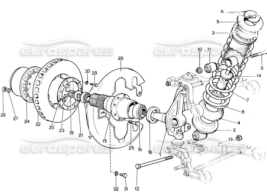 ferrari 365 gtb4 daytona (1969) teilediagramm für stoßdämpfer, nabe und vordere bremsscheibe