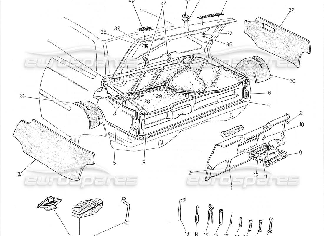 maserati 228 kofferraum: teilediagramm für abzeichen, teppiche und werkzeuge