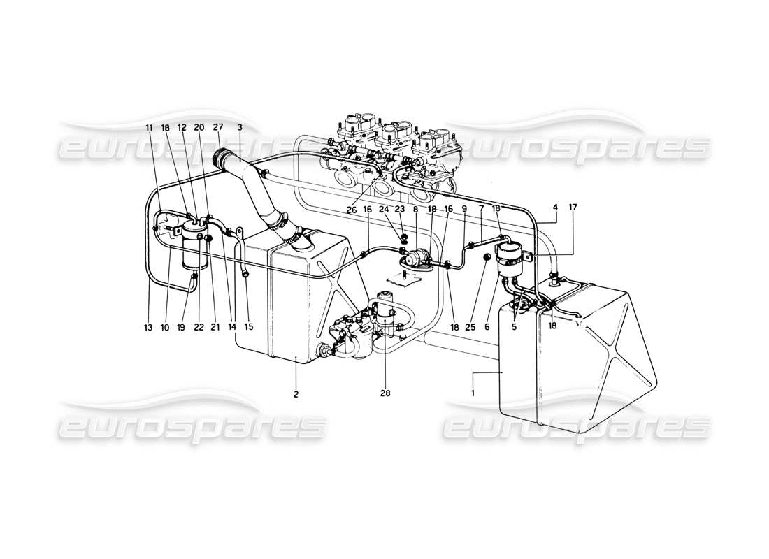 ferrari 246 dino (1975) kraftstoffsystem (varianten für usa-versionen) teilediagramm
