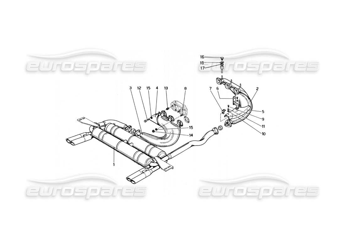 ferrari 246 dino (1975) abgasanlage (varianten für usa-versionen) teilediagramm