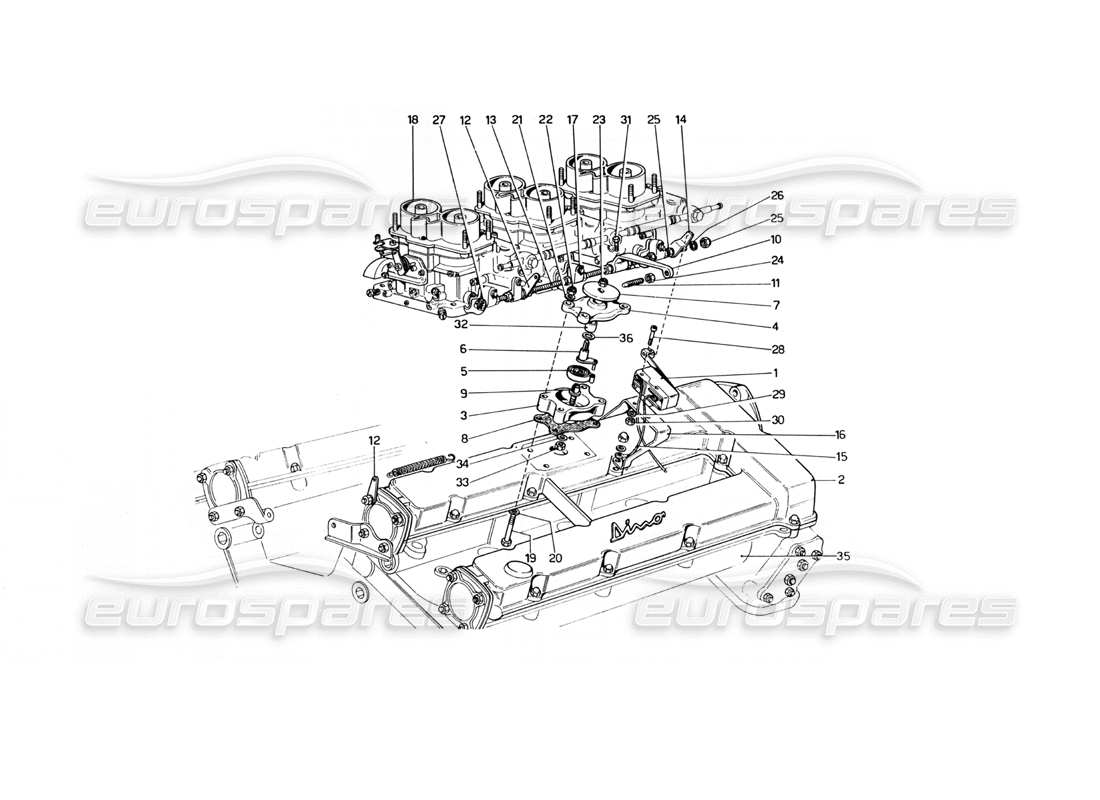 ferrari 246 dino (1975) schnellleerlaufvorrichtung (varianten für us-versionen) teilediagramm