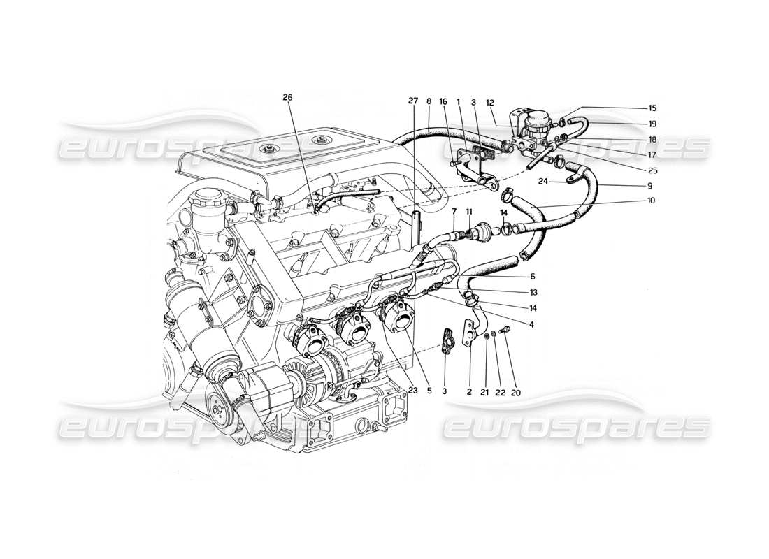 ferrari 246 dino (1975) umschaltventil und rohre (varianten für usa-versionen) teilediagramm