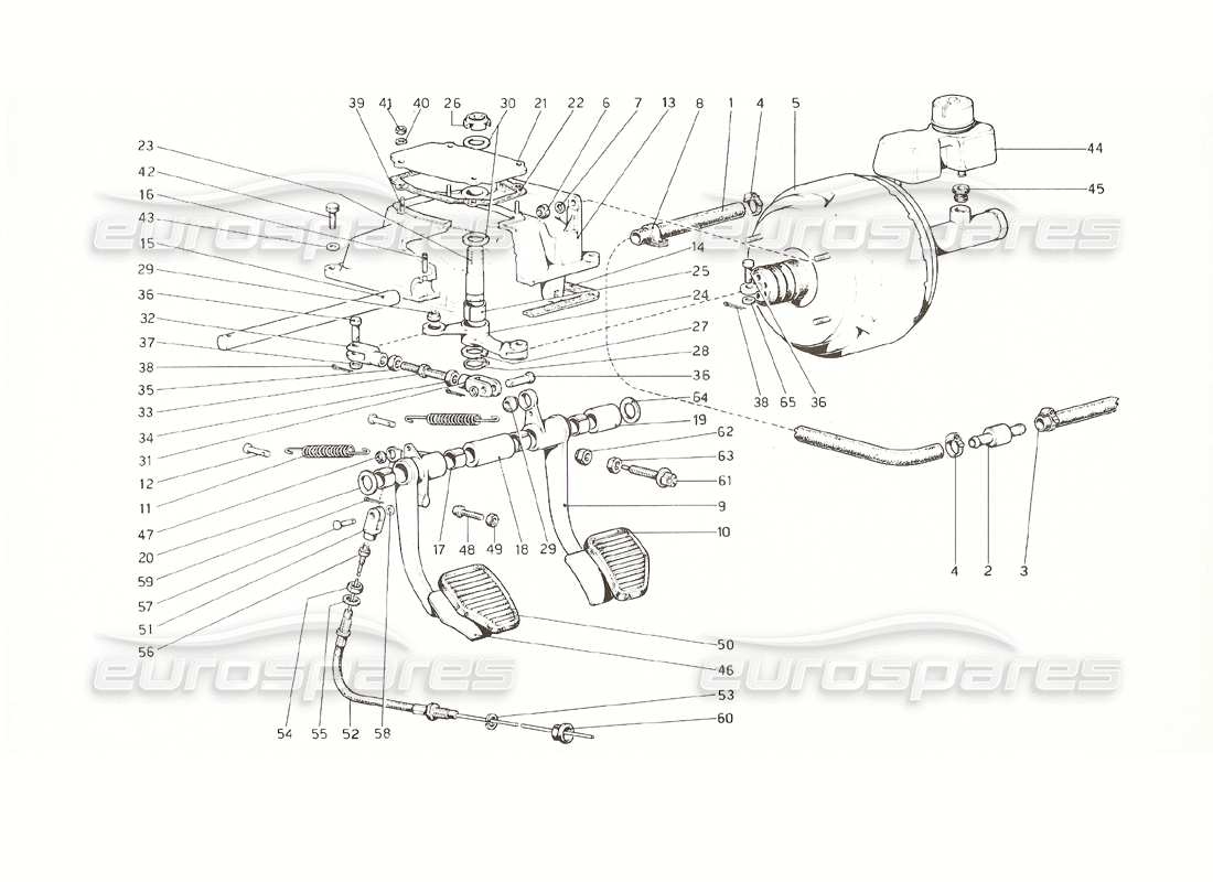 ferrari 308 gt4 dino (1976) pedalboard - teilediagramm für brems- und kupplungssteuerung