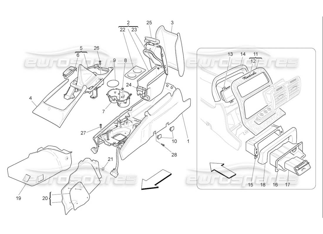 maserati qtp. (2008) 4.2 auto zubehörkonsole und mittelkonsole teilediagramm