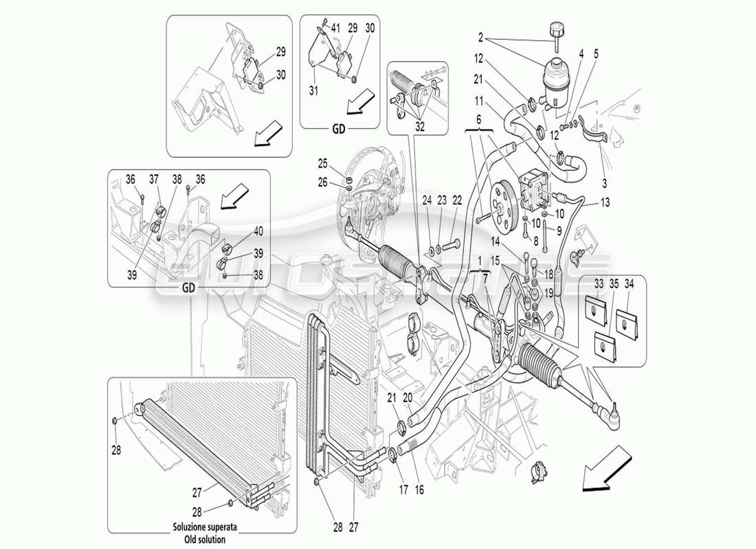 maserati qtp. (2011) 4.2 auto teilediagramm für lenkgetriebe und hydraulische lenkpumpe