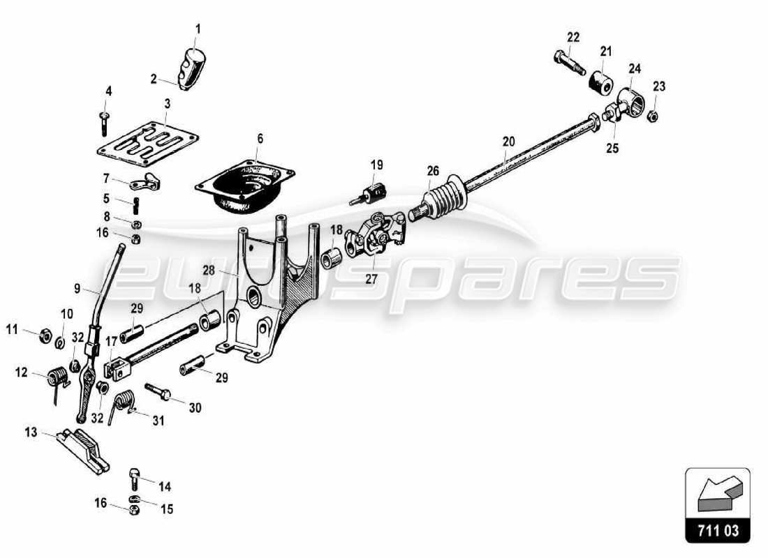 lamborghini miura p400s teilediagramm für manuelle getriebesteuerung