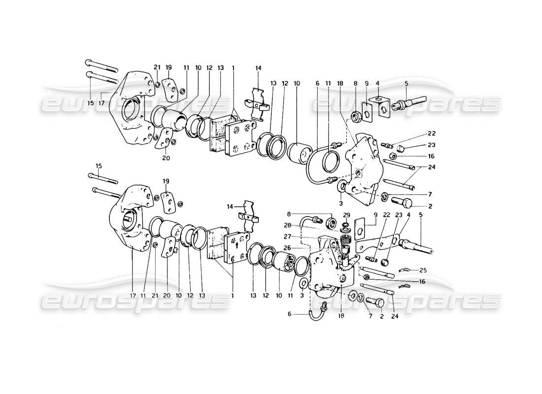 ferrari 246 dino (1975) teilediagramm für bremssättel für vorder- und hinterradbremse und handbremse