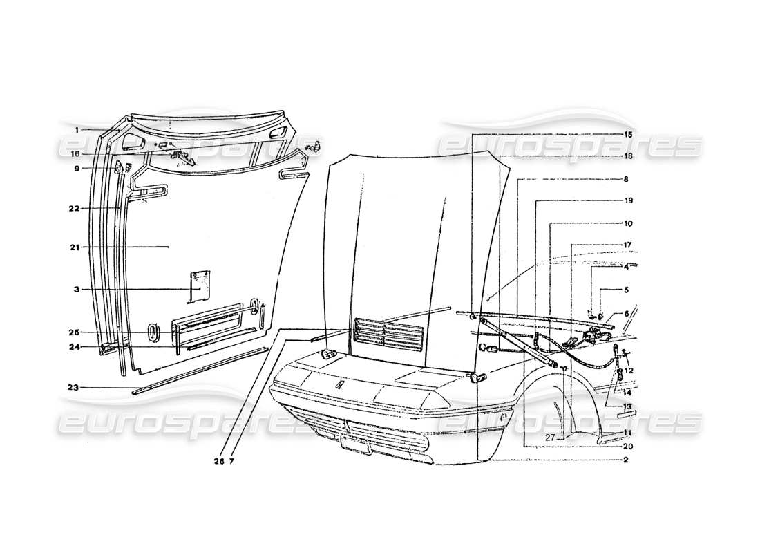 ferrari 365 gt4 2+2 coachwork teilediagramm der vorderen motorhaube