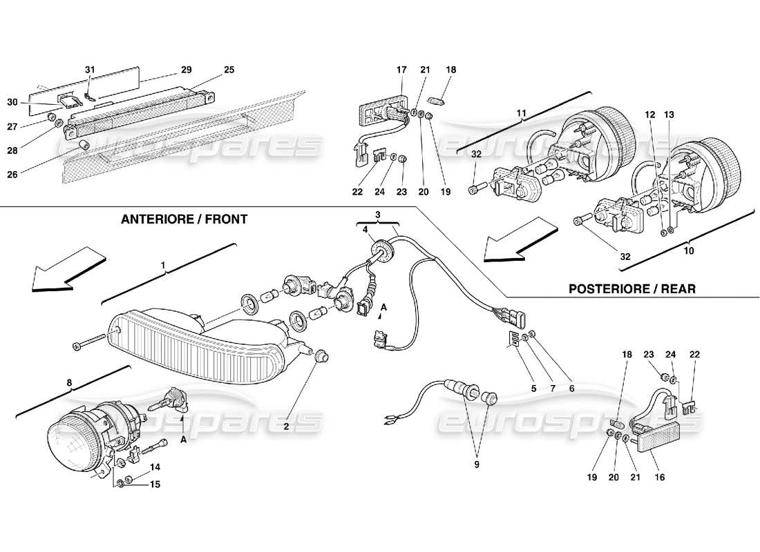 ferrari 355 (5.2 motronic) teilediagramm für vorder- und rücklichter