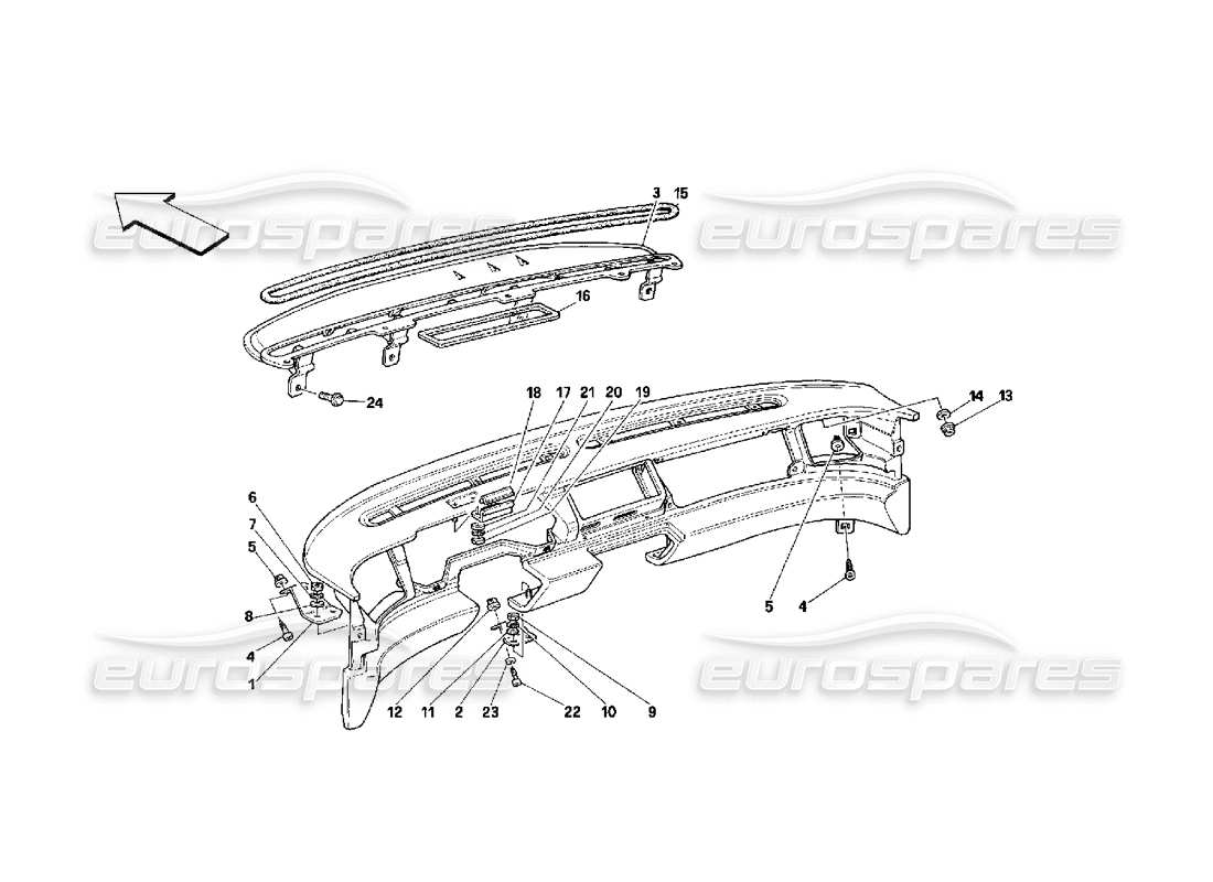 ferrari 348 (2.7 motronic) dashboard - struktur- und unterstützungsteildiagramm