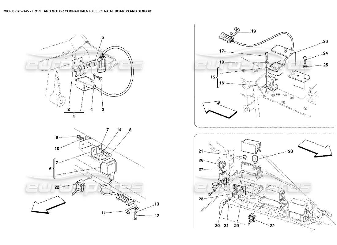 ferrari 360 spider vorder- und motorraum, schalttafeln und sensorteildiagramm