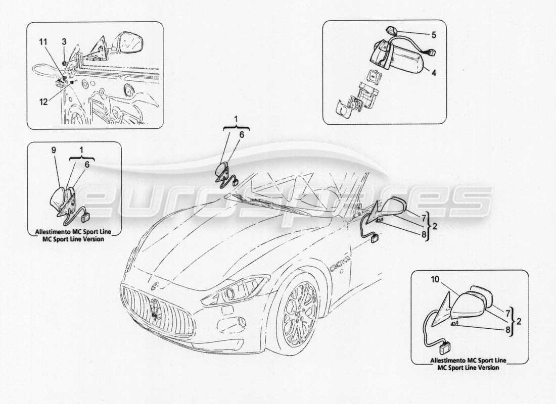maserati granturismo special edition teilediagramm für interne und externe rückspiegel