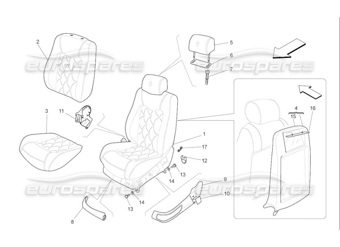 maserati qtp. (2008) 4.2 auto vordersitze: verkleidungen teilediagramm