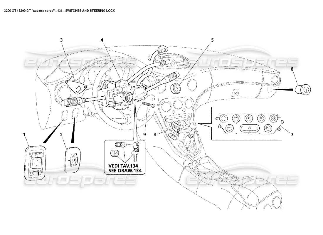 maserati 3200 gt/gta/assetto corsa schalter & lenkradschloss teilediagramm