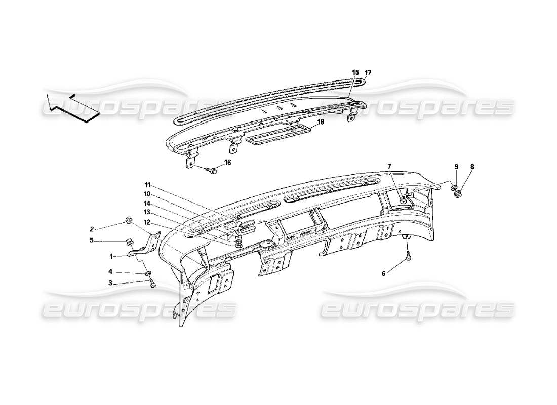 ferrari 348 (2.7 motronic) dashboard - struktur- und unterstützungsteildiagramm
