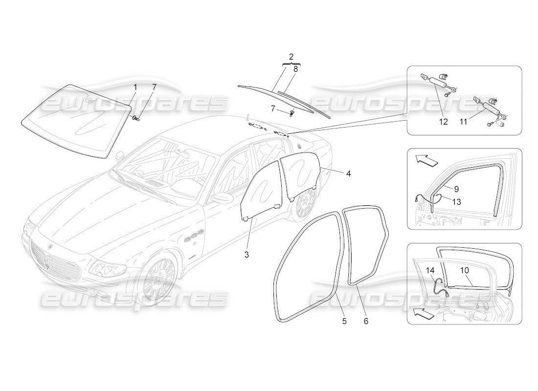maserati qtp. (2010) 4.2 auto fenster und fensterleisten teilediagramm