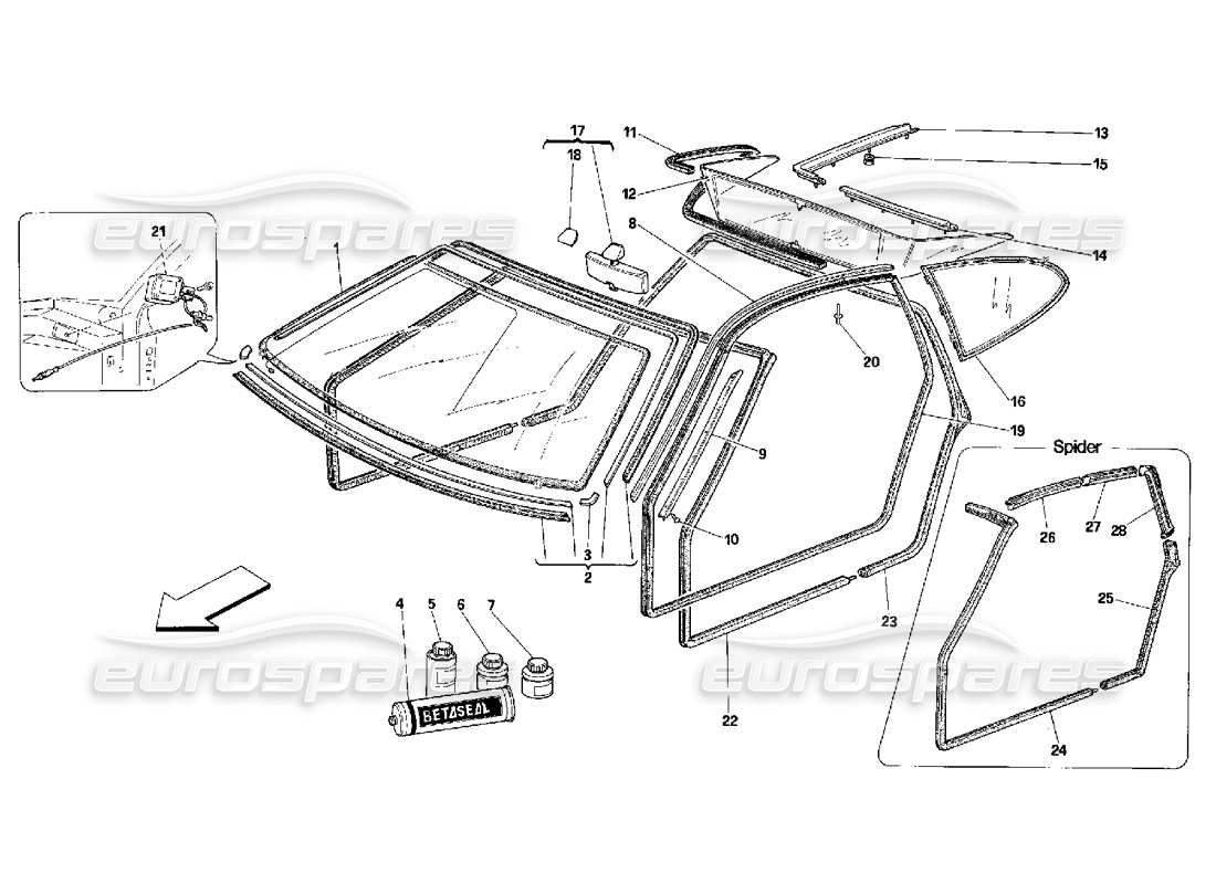 ferrari 348 (2.7 motronic) teilediagramm für gläser und dichtungen