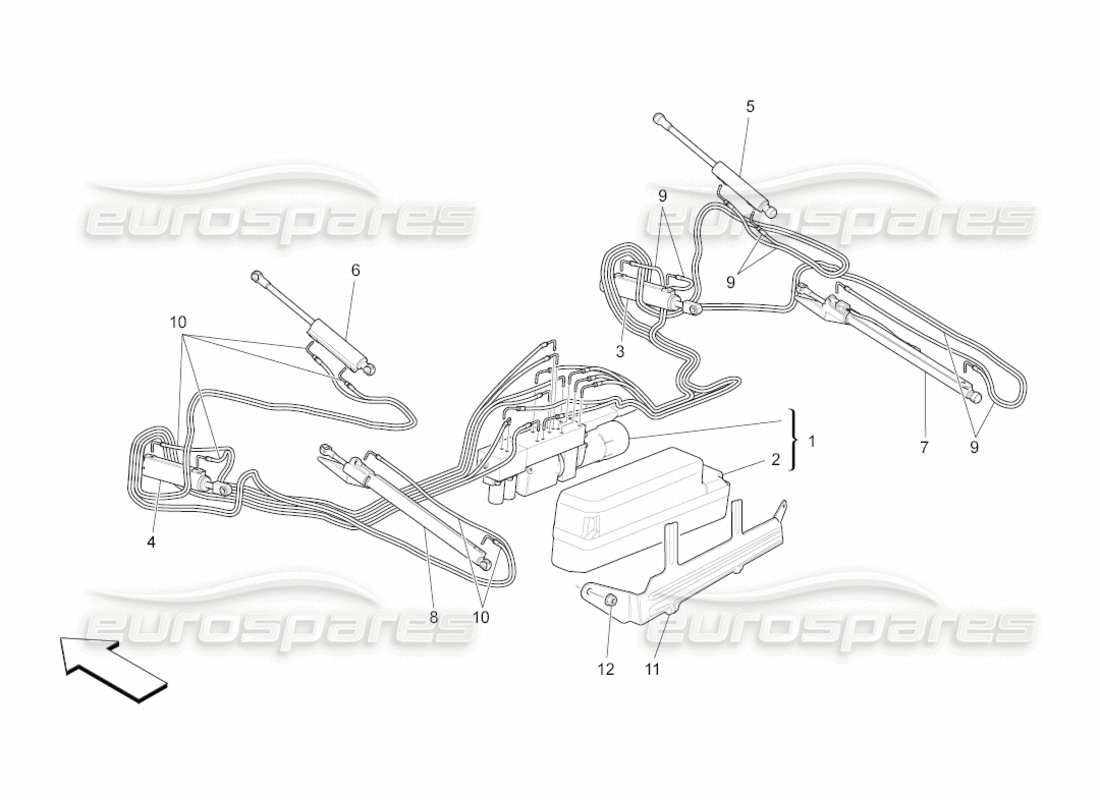 maserati grancabrio (2010) 4.7 elektrischer verdeck: teilediagramm des hydrauliksystems