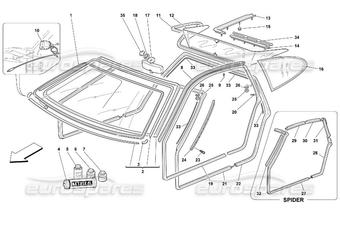 ferrari 355 (2.7 motronic) teilediagramm für gläser und dichtungen