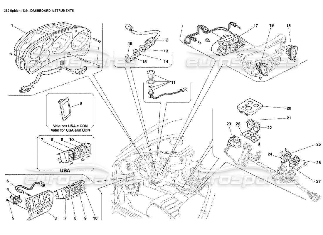 ferrari 360 spider teilediagramm für armaturenbrettinstrumente