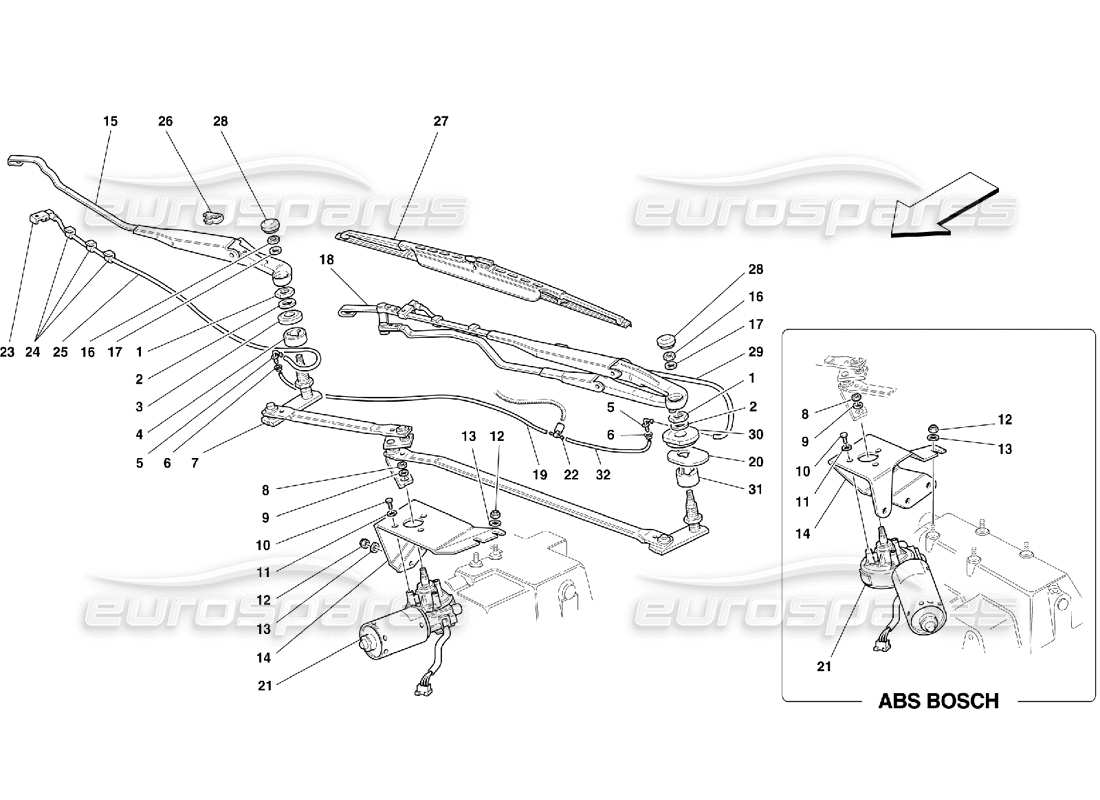 ferrari 355 (5.2 motronic) teilediagramm für scheibenwischer und steuerungen