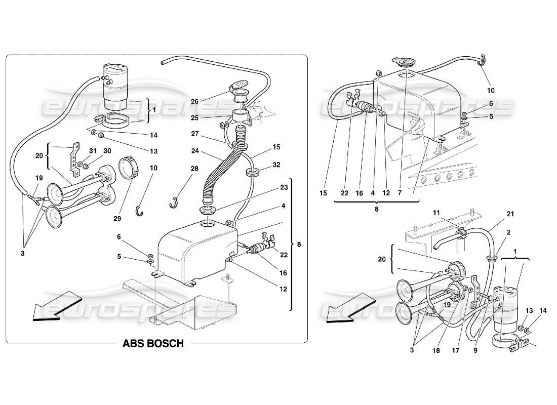 ferrari 355 (5.2 motronic) teilediagramm für scheibe und hupen