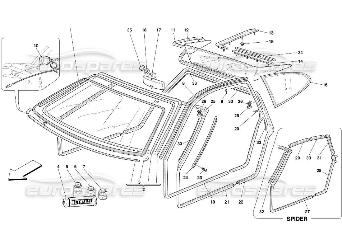 ferrari 355 (5.2 motronic) teilediagramm für gläser und dichtungen
