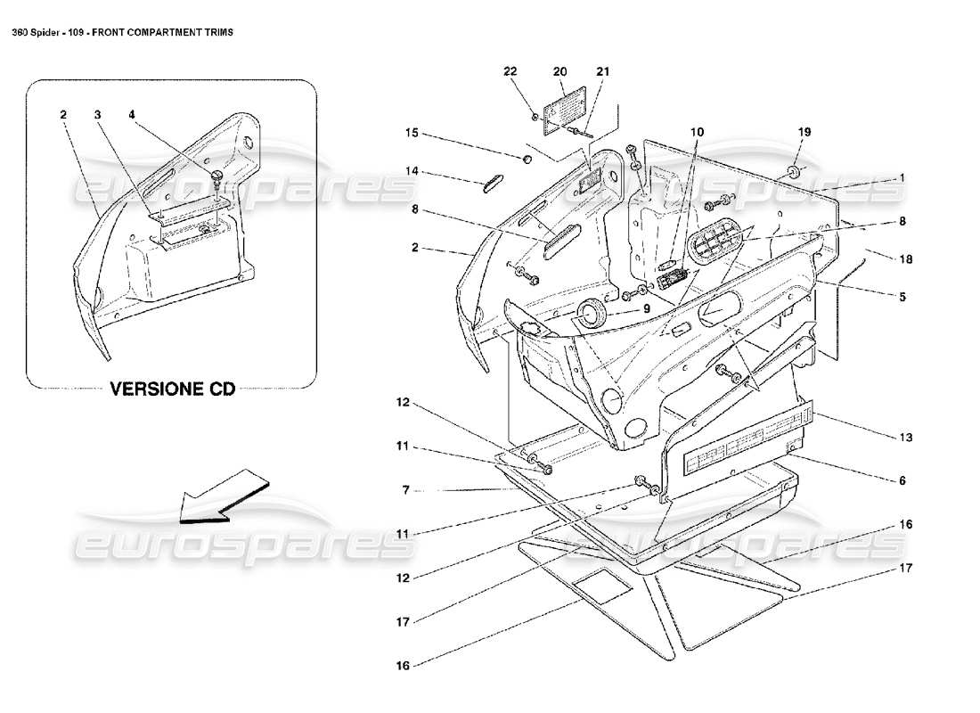 ferrari 360 spider teilediagramm für verkleidungen im vorderen abteil