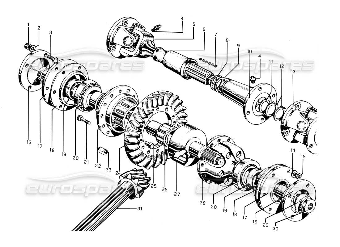 ferrari 275 gtb/gts 2 cam teilediagramm für differential und antriebswelle