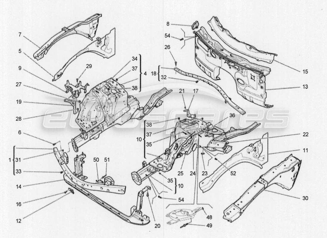 maserati qtp. v8 3.8 530bhp 2014 auto vordere strukturrahmen und bleche teilediagramm