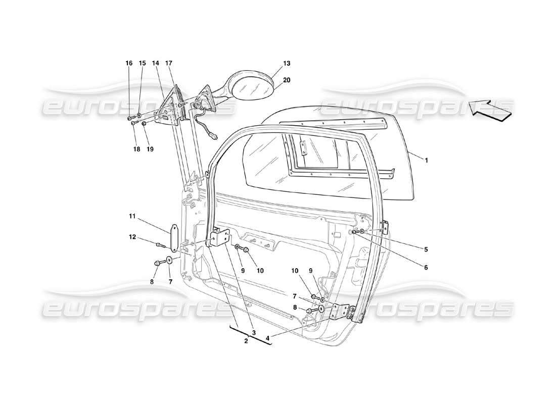 ferrari 360 challenge (2000) türen - fenster und rückspiegel ersatzteildiagramm