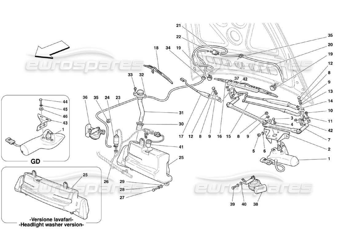 ferrari 360 challenge stradale teilediagramm für windschutzscheibe, scheibe und hupen