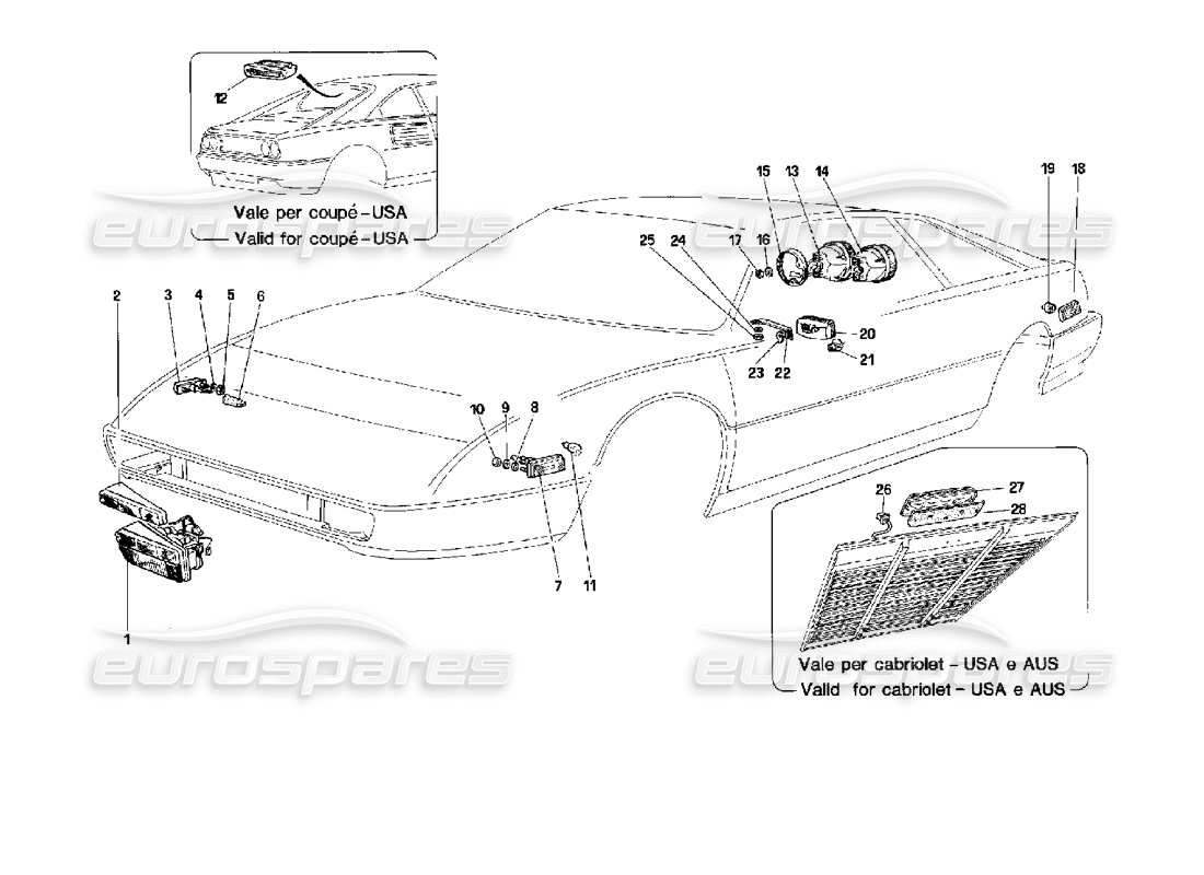 ferrari mondial 3.4 t coupe/cabrio feste beleuchtungsgeräte teilediagramm