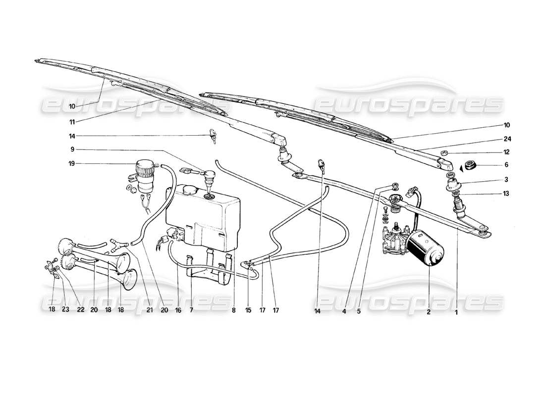 ferrari mondial 8 (1981) teilediagramm für scheibenwischer, scheibe und hupe