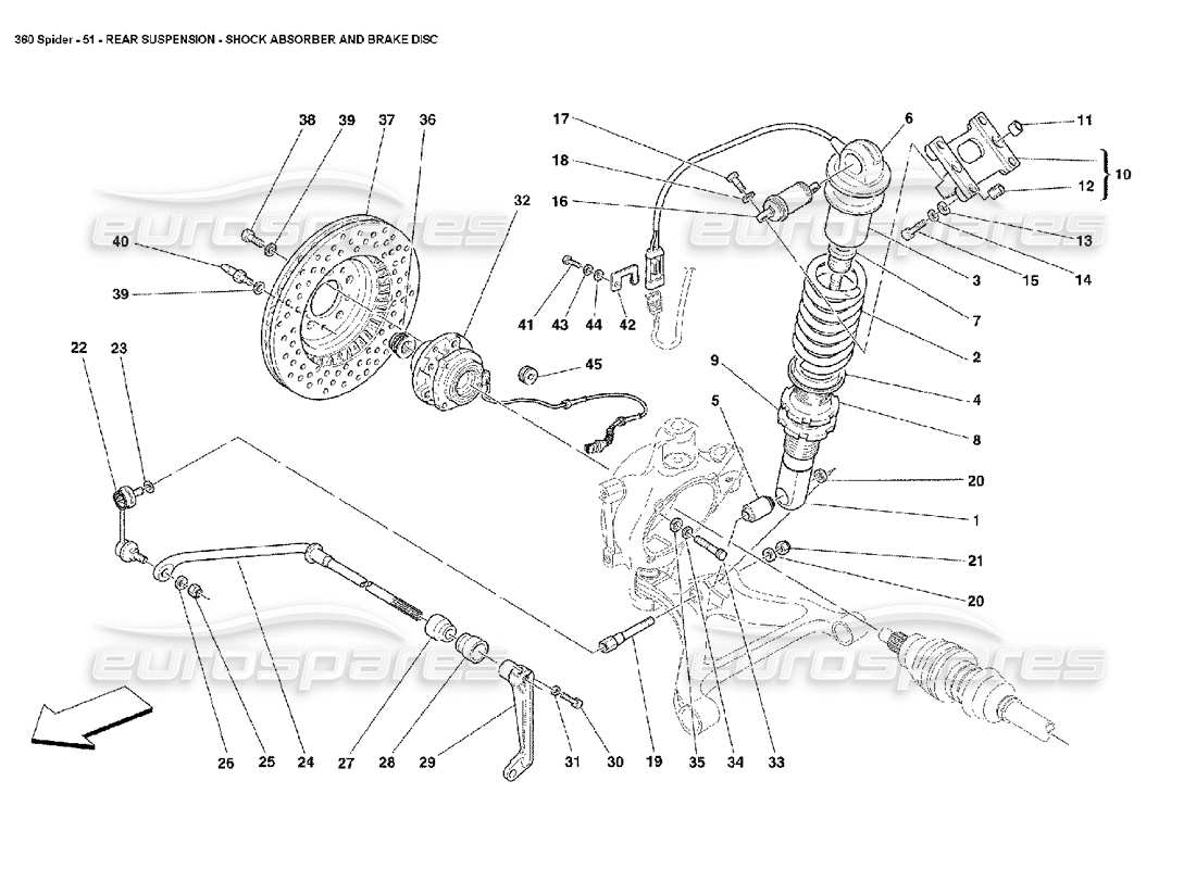 ferrari 360 spider hinterradaufhängung – stoßdämpfer und bremsscheibe teilediagramm