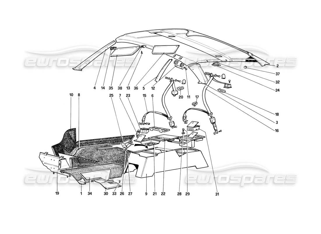 ferrari mondial 8 (1981) teilediagramm für dach, tunnel und sicherheitsgurte