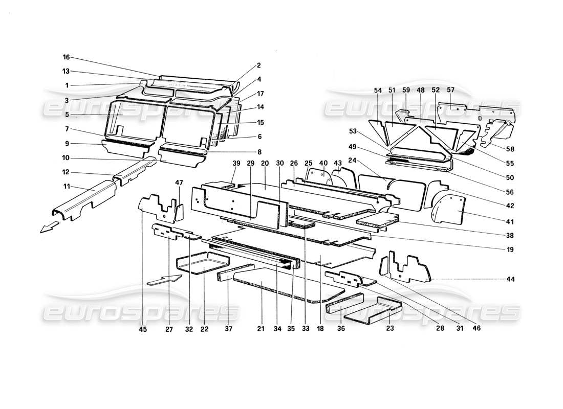 ferrari 328 (1985) isolierung des fahrgast- und gepäckraums (für us- und sa-version) teilediagramm