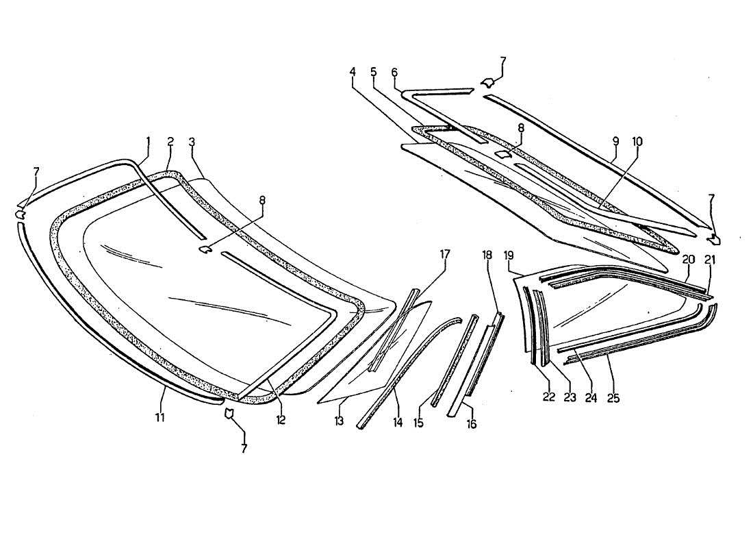 lamborghini jarama seiten- und heckscheibengläser teilediagramm