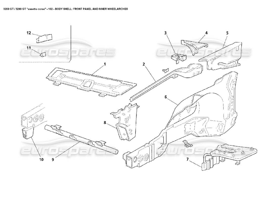 maserati 3200 gt/gta/assetto corsa karosserie: frontblech und innere radkästen teilediagramm