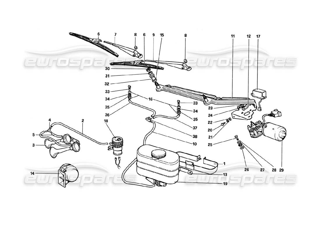 ferrari 308 gtb (1980) scheibenwischer, scheibe und hupe (varianten für rhd - aus-versionen) teilediagramm