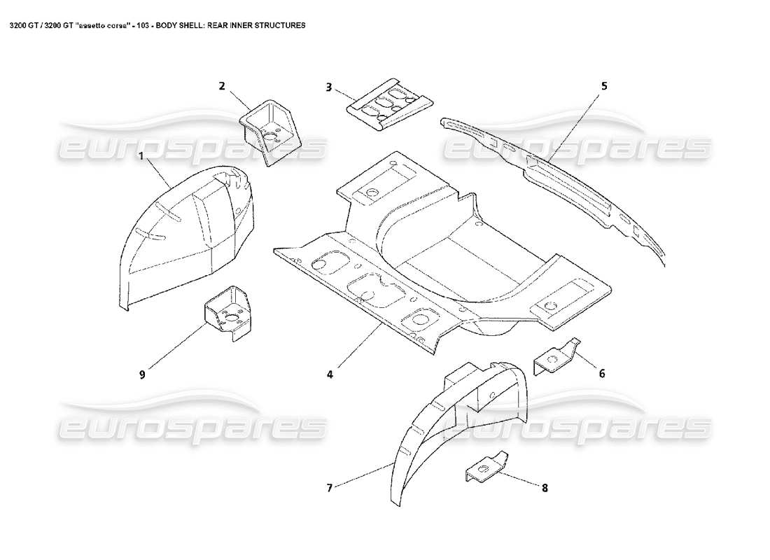maserati 3200 gt/gta/assetto corsa karosserie: teilediagramm für die hinteren innenstrukturen