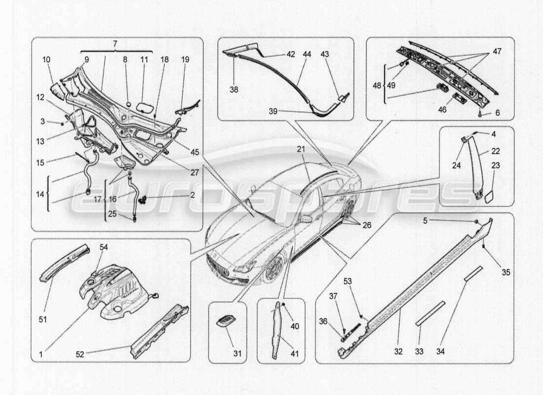 maserati qtp. v8 3.8 530bhp auto 2015 schilde, verkleidungen und abdeckplatten ersatzteildiagramm